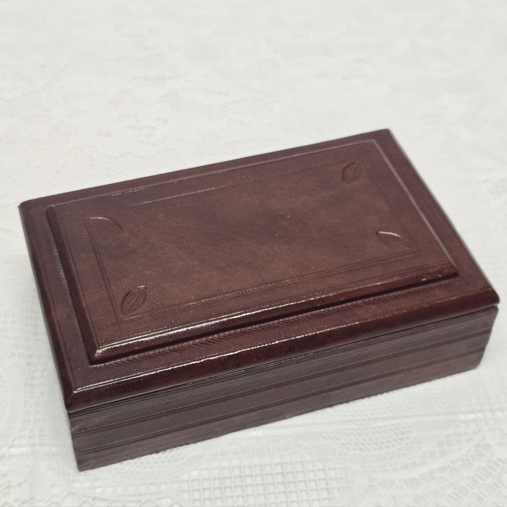 Vintage Handcrafted Hand Tooled Brown Leather Wraped Trinket Box MCM Boho Rustic